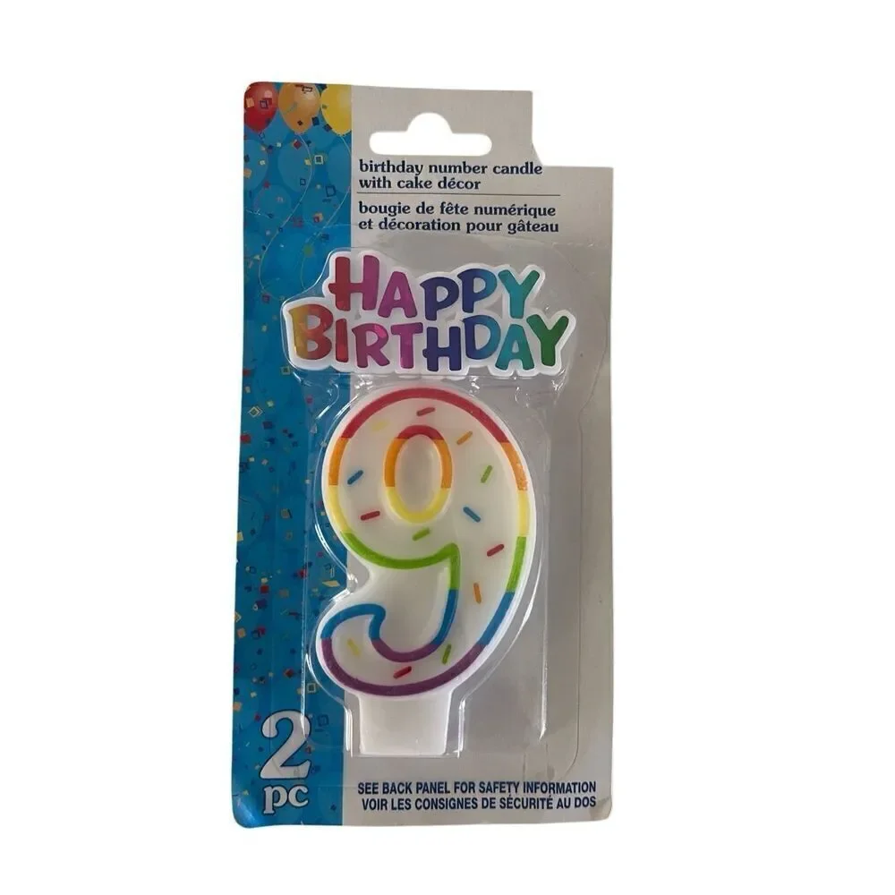 Number 9 Birthday Candle & Cake Topper Set, 2pc, Rainbow Sprinkles, Unisex